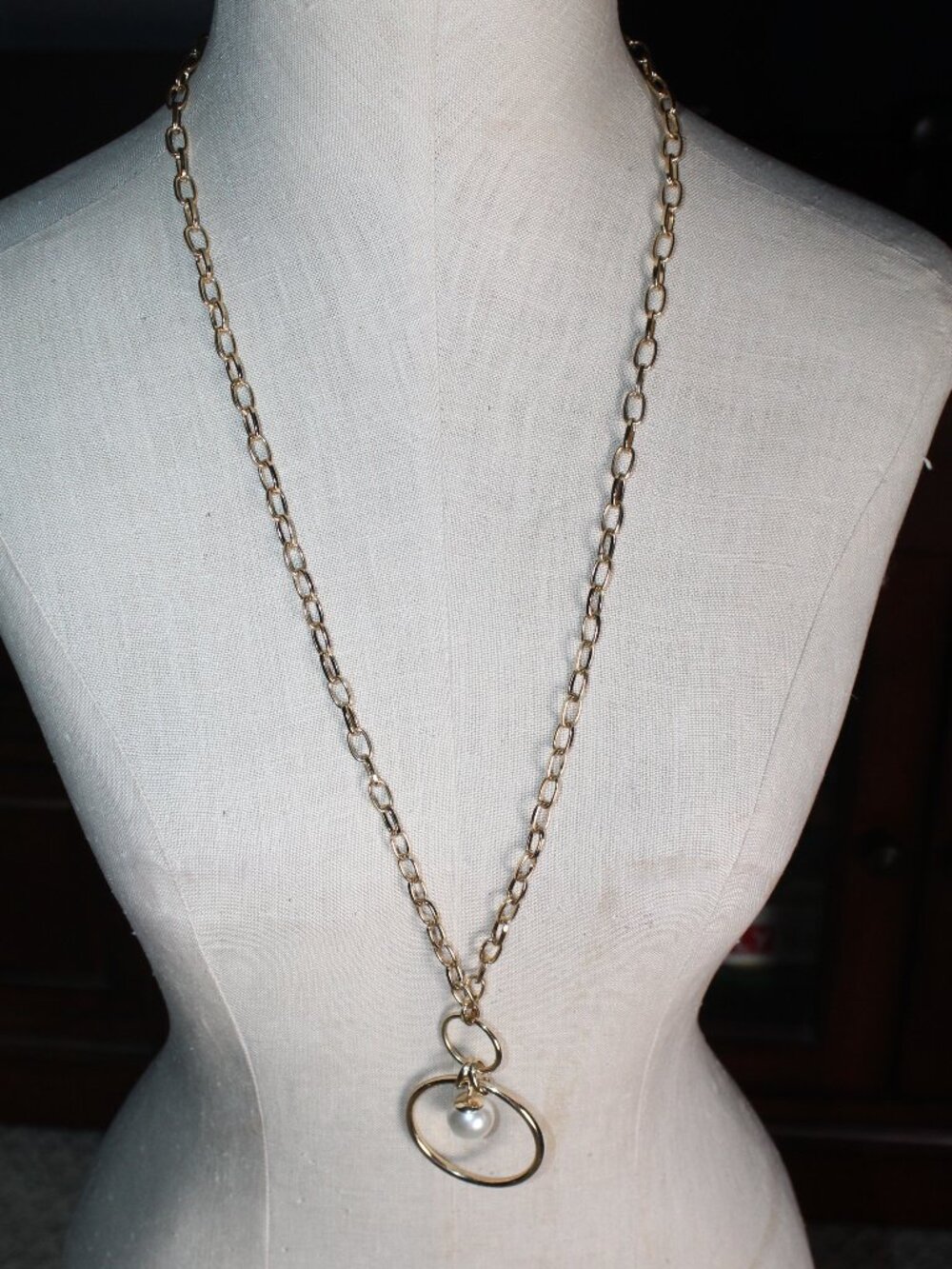 Gold Toned 32" Chunky Link Faux Pearl in Hoop Drop Necklace